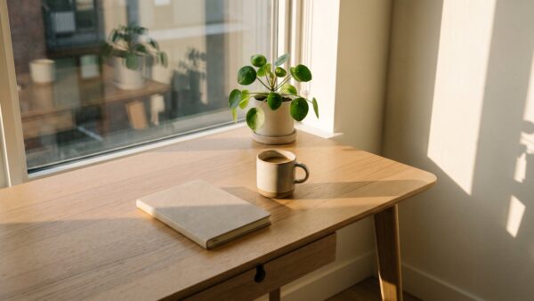 Aufgeräumter Schreibtisch mit geschlossenem Notebook und Kaffee