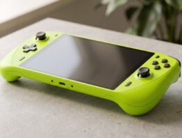 msi claw a8 bild 1 Neongrüner Gaming-Handheld mit Analogsticks und ausgeschaltetem 8-Zoll-Bildschirm auf einer Steinplatte