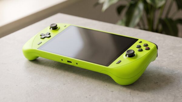 msi claw a8 bild 1 Neongrüner Gaming-Handheld mit Analogsticks und ausgeschaltetem 8-Zoll-Bildschirm auf einer Steinplatte