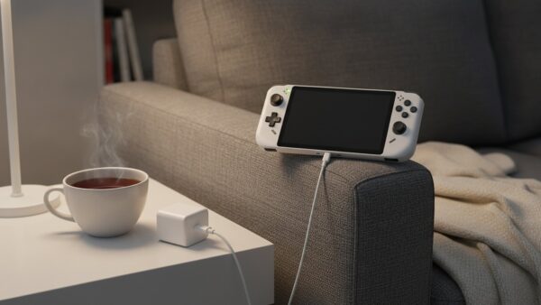 msi claw a8 bild 2 Weißer Gaming-Handheld lädt per USB-C-Kabel auf der Sofalehne neben einer Tasse Tee