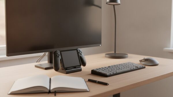 msi claw a8 bild 4 Gaming-Handheld in einer Docking-Station mit Tastatur, Maus und Monitor auf einem Schreibtisch