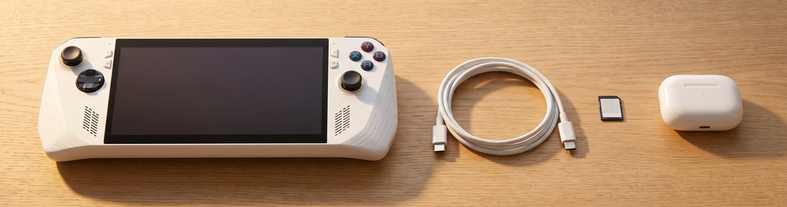 Weißer Gaming-Handheld mit USB-C-Kabel, Speicherkarte und Kopfhörern auf einem Holzschreibtisch