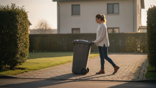 muelltonne groessen haushalt Frau schiebt die Restmülltonne in passender Größe an den Bordstein