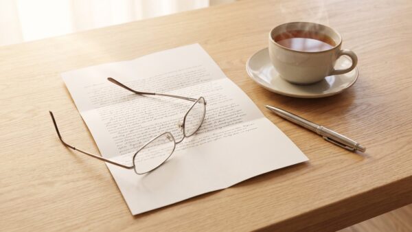 Aufgeschlagene Renteninformation mit Lesebrille auf dem Tisch