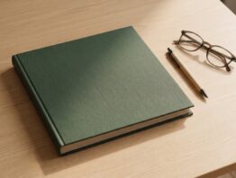 Geschlossenes Fotoalbum mit Leineneinband neben Kugelschreiber und Lesebrille auf einem Holztisch