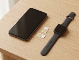 Smartphone und Smartwatch mit zwei SIM-Karten auf dem Tisch
