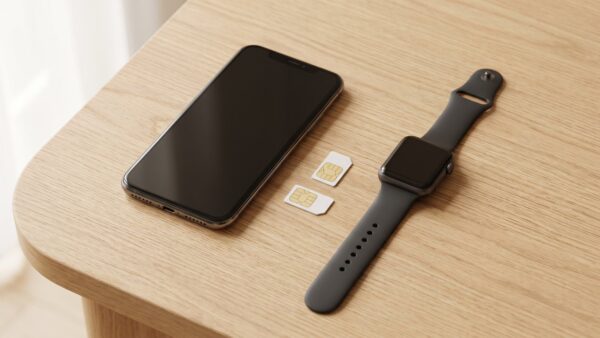 Smartphone und Smartwatch mit zwei SIM-Karten auf dem Tisch