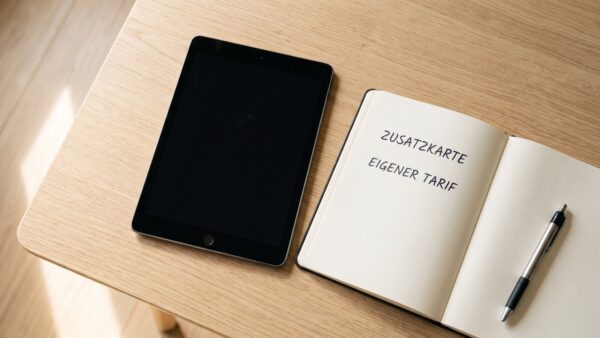 Notizblock mit dem Vergleich Zusatzkarte gegen eigenen Tarif neben dem Tablet