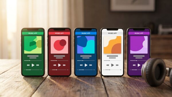 musik streaming vergleich dienste Musik-Streaming-Dienste im Vergleich: fĂĽnf Smartphones mit Musik-Apps in verschiedenen Farben