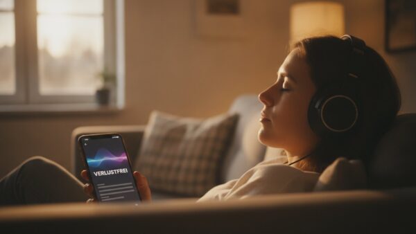 musik streaming vergleich klang Klangqualität beim Musik-Streaming: Person mit Kopfhörern und Smartphone mit Tonwellen-Grafik