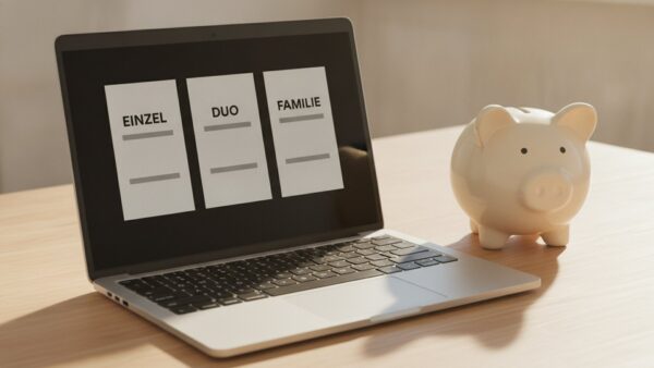 musik streaming vergleich preise Musik-Streaming Preise: Laptop mit Abo-Kärtchen Einzel, Duo und Familie neben einem Sparschwein