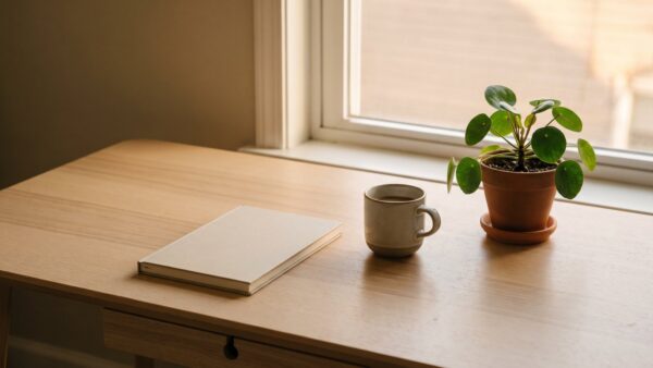 nasdaq 100 etf bild 3 Schreibtisch am Fenster mit geschlossenem Notebook und Kaffee