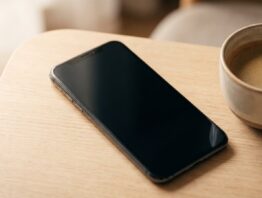 Smartphone mit dunklem Bildschirm neben einer Tasse Kaffee