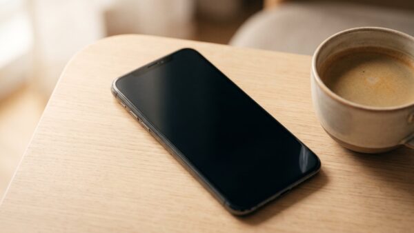 neobroker vergleich bild 1 Smartphone mit dunklem Bildschirm neben einer Tasse Kaffee
