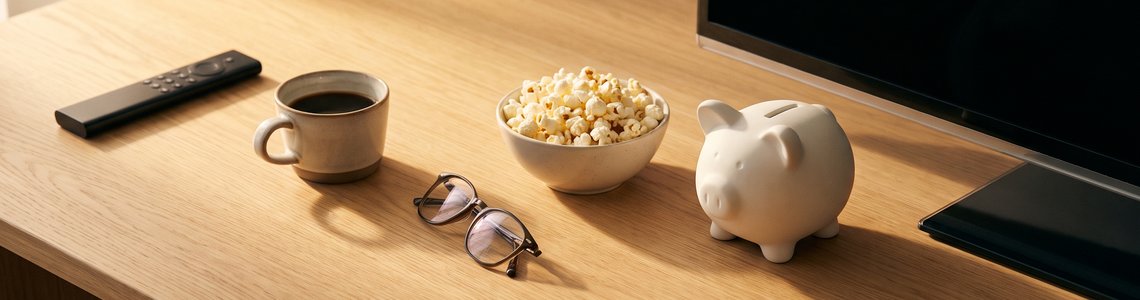 Fernbedienung, Popcorn und Sparschwein vor einem Fernseher zur Netflix Preiserhoehung