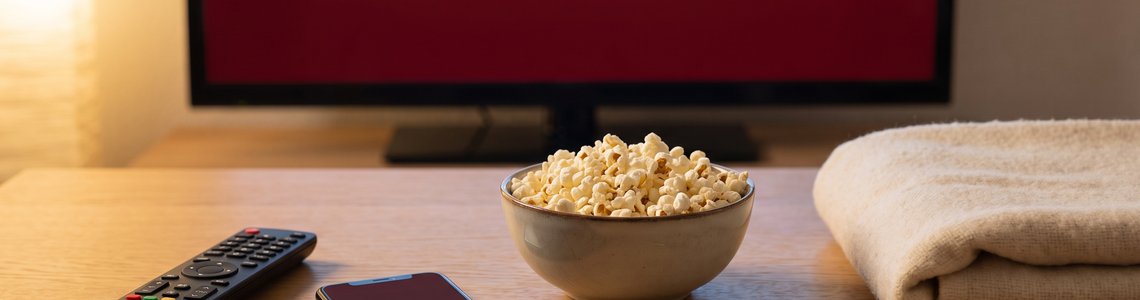 Netflix Login: Wohnzimmer mit Fernseher, Fernbedienung und Smartphone