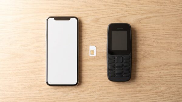 Modernes Smartphone neben einem älteren Tastentelefon auf dem Tisch