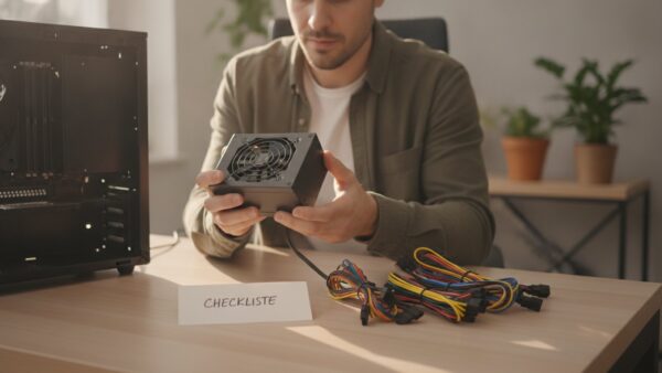 netzteil berechnen kauf Modulares PC-Netzteil in der Hand mit Kabelstraengen und Checkliste beim Kauf