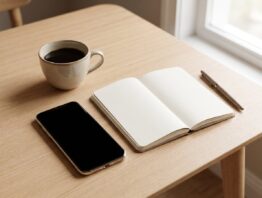 Smartphone mit dunklem Bildschirm neben Kaffeetasse und leerem Notizbuch auf einem Holztisch