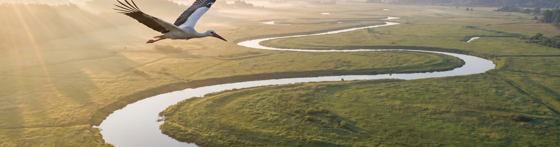 Weißstorch fliegt über ein gewundenes Flusstal im Morgenlicht