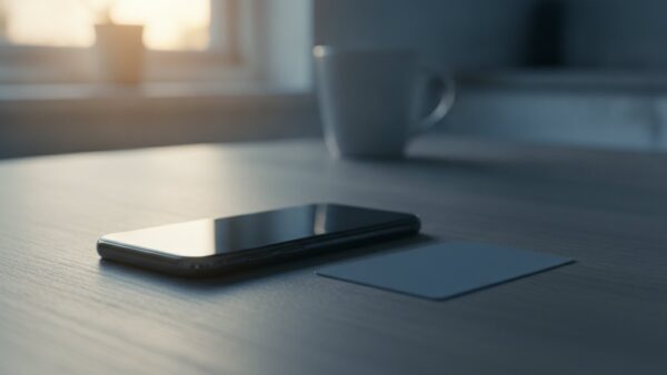 Umgedrehtes Smartphone neben einer Bezahlkarte auf einem Küchentisch im Abendlicht