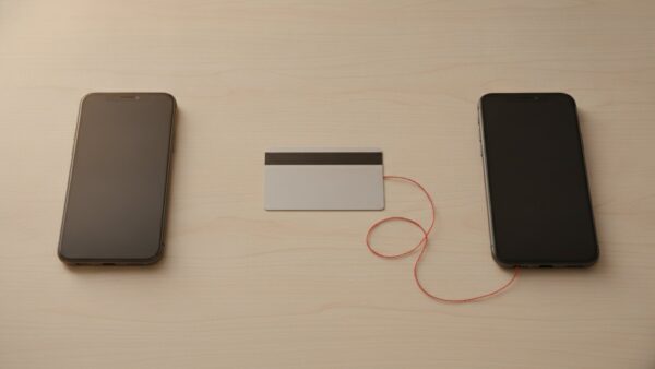 Bezahlkarte zwischen zwei Smartphones, mit einem roten Faden an das fremde Gerät gebunden