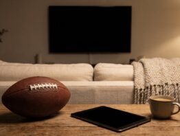 Lederfootball neben Tablet und Kaffeetasse in einem abgedunkelten Wohnzimmer am Abend