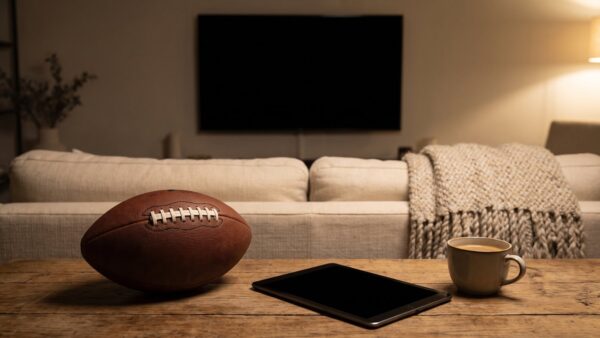 Lederfootball neben Tablet und Kaffeetasse in einem abgedunkelten Wohnzimmer am Abend