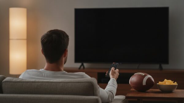 Person mit Fernbedienung von hinten vor einem ausgeschalteten Fernseher, Football auf dem Beistelltisch