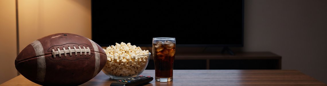 Lederfootball, Popcorn und Fernbedienung auf einem Couchtisch vor ausgeschaltetem Fernseher