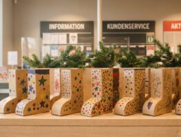 Selbst gestaltete Nikolausstiefel aus Papier auf einem Ladentisch