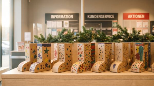 nikolausstiefel aktion haendler Selbst gestaltete Nikolausstiefel aus Papier auf einem Ladentisch