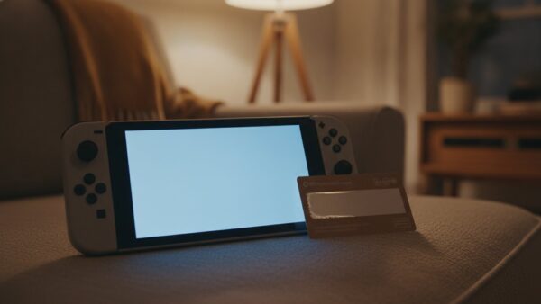 nintendo eshop guthaben bild 2 Spielekonsole ohne Logo auf einem Sofakissen, daneben eine Guthabenkarte mit leerem Rubbelfeld