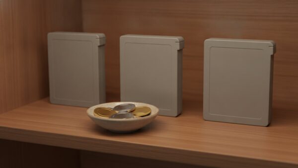 nintendo eshop guthaben bild 4 Drei Spielmodul-HĂĽllen ohne Cover neben goldenen und silbernen Spielmarken in einer Keramikschale
