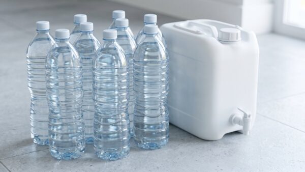 notvorrat bild 1 Unbeschriftete Wasserflaschen und ein weiĂer Kanister mit Zapfhahn auf hellem Steinboden