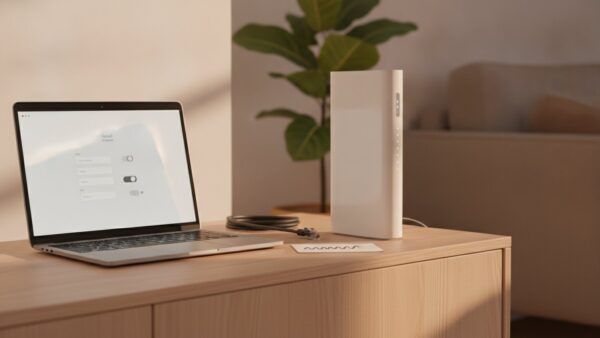 o2 Router Login an der HomeBox im Wohnzimmer mit Laptop und Notizzettel