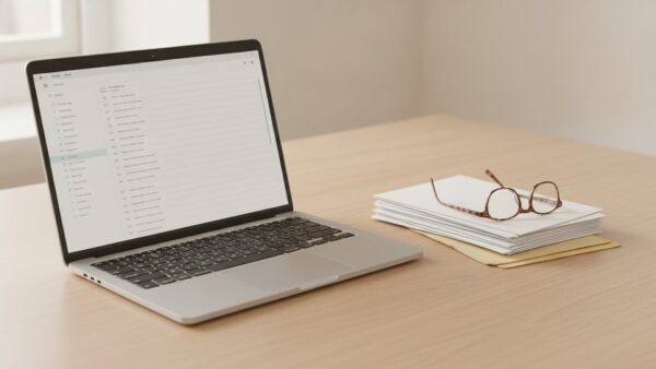o2 Webmail Login am Notebook mit Briefen und Notizzettel auf dem Schreibtisch