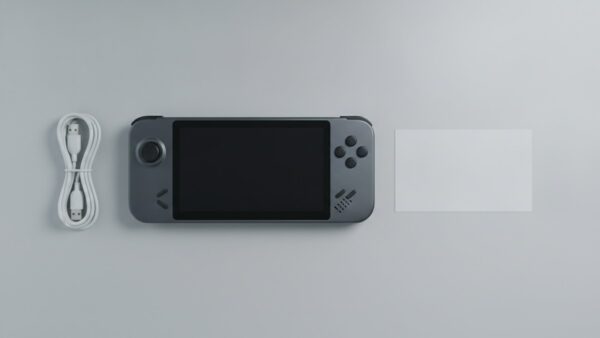 Handheld-Spielgerät mit schwarzem Bildschirm neben einem Kabelbund und einer leeren Karte