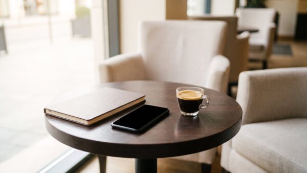 oeffentliches wlan bild 1 Zugeklapptes Notebook und ausgeschaltetes Smartphone auf einem Cafétisch in einer Hotellobby