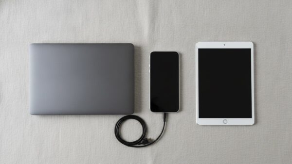 oeffentliches wlan bild 3 Notebook, Smartphone und Tablet mit schwarzen Displays nebeneinander auf einer hellen Tischdecke