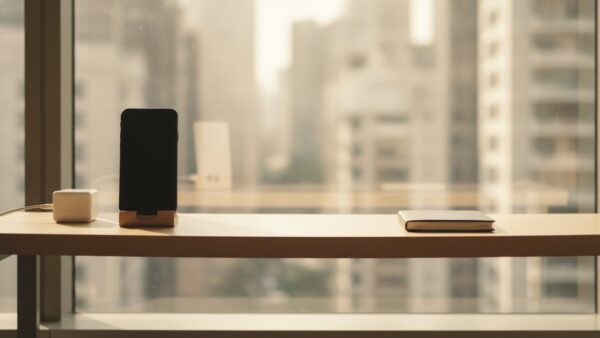 oeffentliches wlan bild 4 Smartphone mit schwarzem Display im StÀnder auf einem Schreibtisch am Hotelfenster
