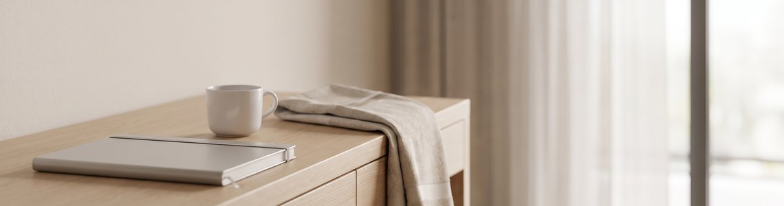 Aufgeräumter Schreibtisch im Hotelzimmer mit zugeklapptem Notebook und Kaffeetasse