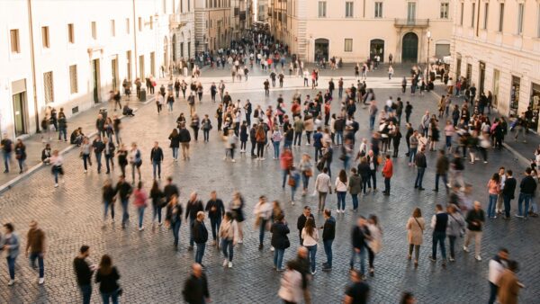 Voller gepflasterter Platz mit vielen Menschen in Bewegung