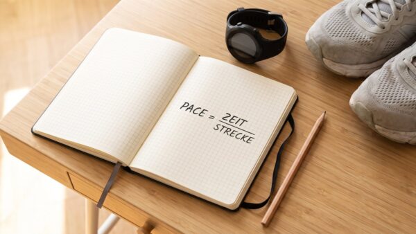 pace rechner berechnung Notizblock mit der Pace-Formel Zeit geteilt durch Strecke neben Sportuhr und Laufschuhen
