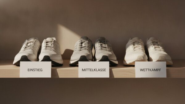 pace rechner laufschuhe Drei Paar Laufschuhe im Regal mit den Schildern Einstieg, Mittelklasse und Wettkampf
