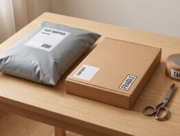 Versandtüte und Karton nebeneinander auf einem Tisch beim Paket in Tüte verschicken