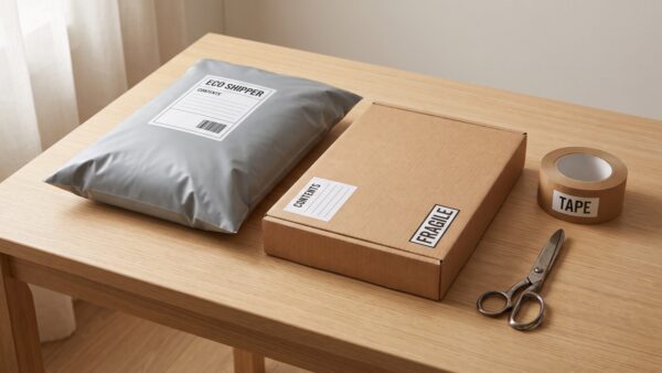 paket tuete 1 tuete vs karton Versandtüte und Karton nebeneinander auf einem Tisch beim Paket in Tüte verschicken