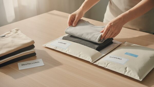 paket tuete 2 kleidung packen Kleidungsstück wird für den Versand in eine Polstertasche gepackt