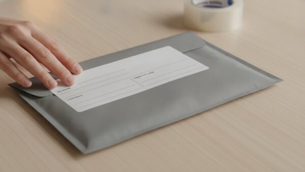 paket tuete 3 label kleben Versandlabel wird glatt auf die größte Fläche einer Versandtüte geklebt