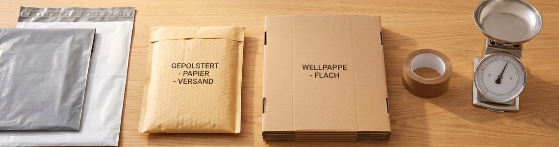 Versandtaschen und Kartons auf einem Versandtisch